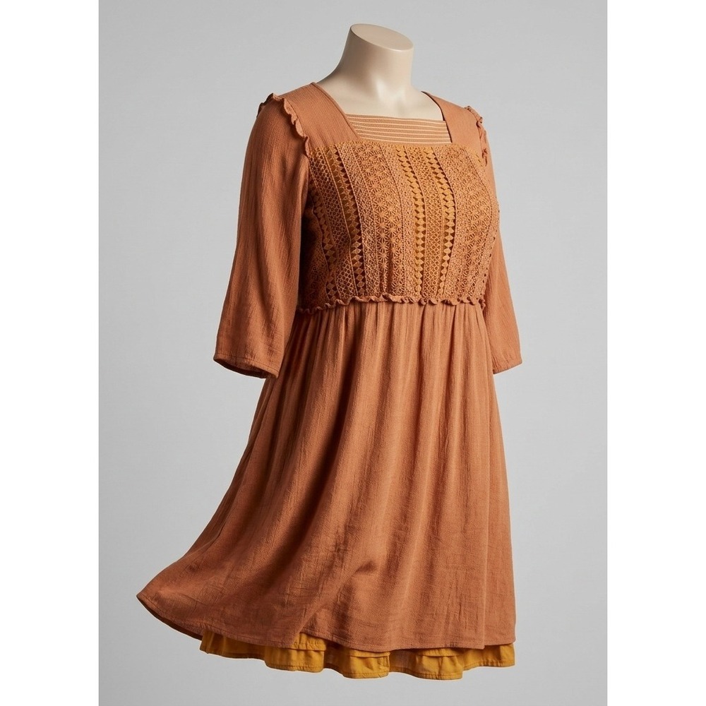 Mustard Crochet Lace Bodice Smocked Back Bell Sleeve A-Line Dress Cottagecore XL